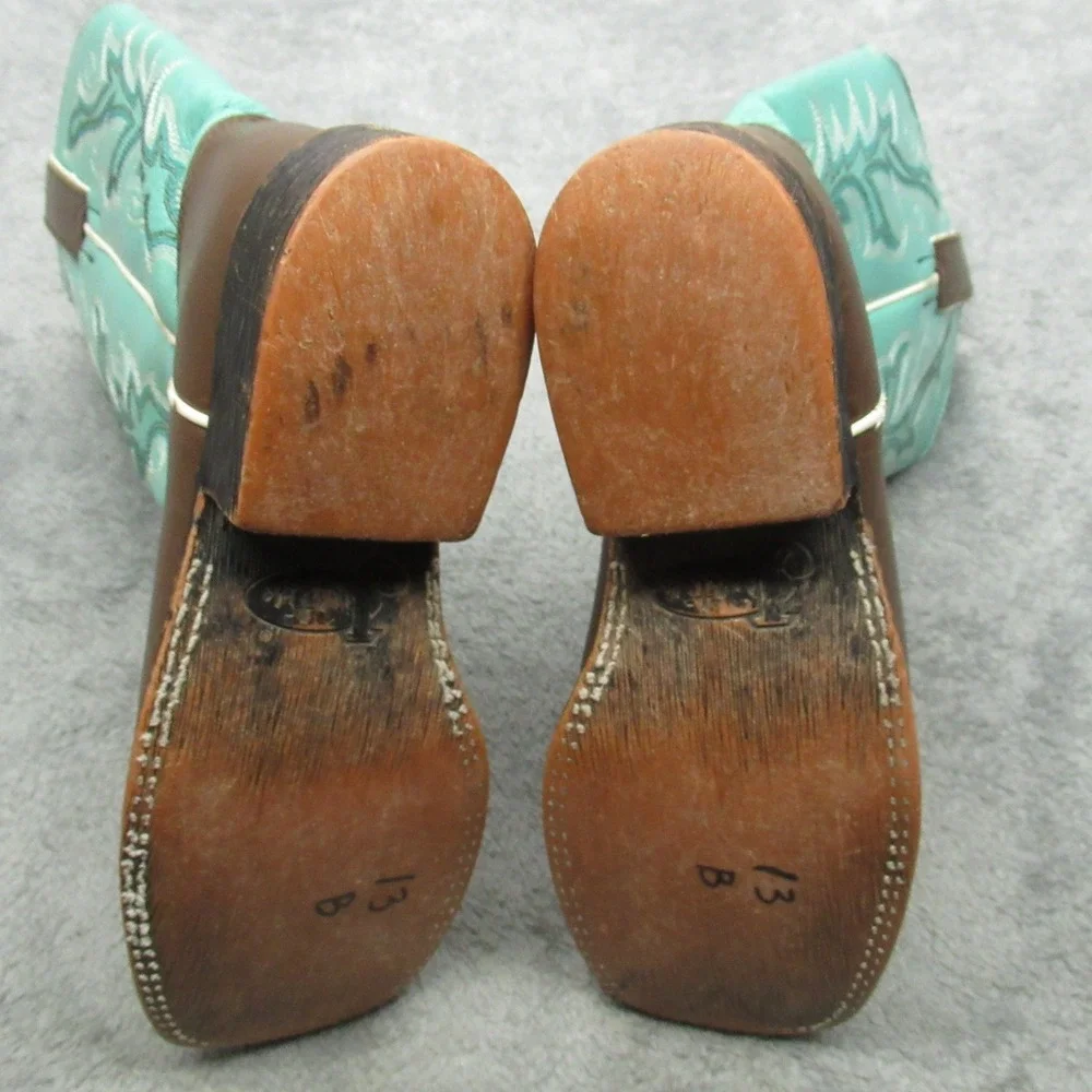 Justin Cowboy Boot Youth 1D Square Toe Brown Turquoise Western Embroidery Riding